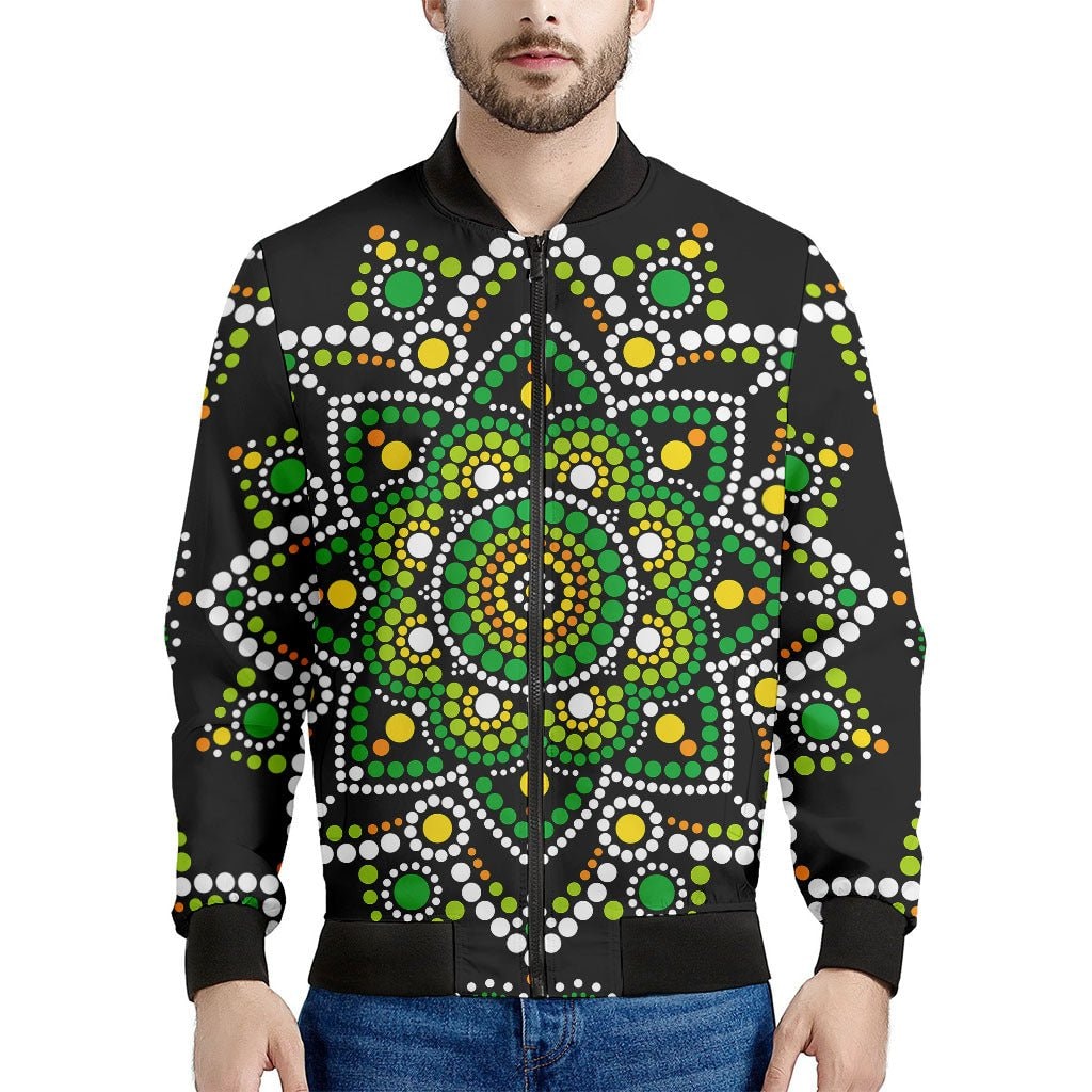 Green White Dot Mandala Print Men's Bomber Jacket