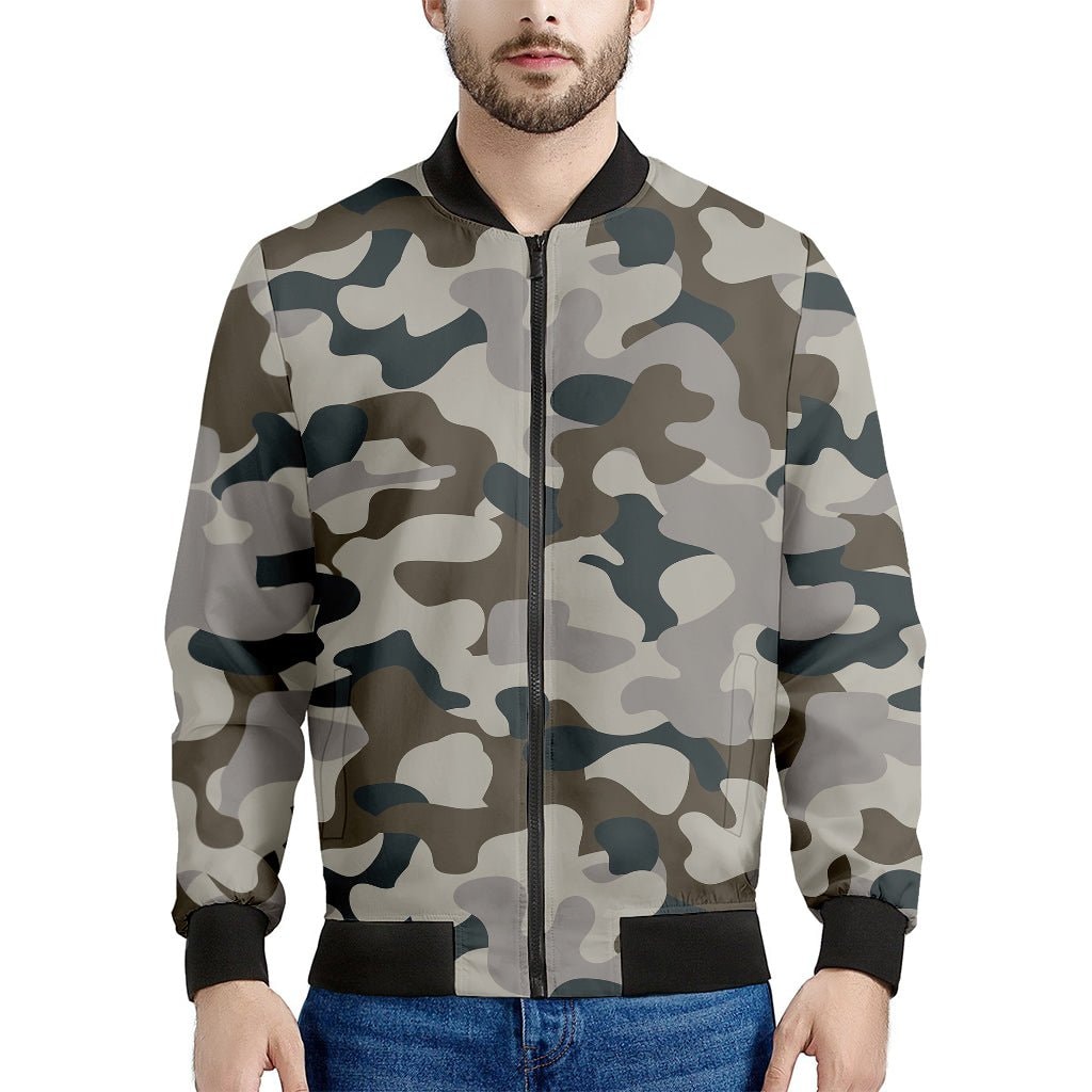 Grey And Brown Camouflage Print Men's Bomber Jacket
