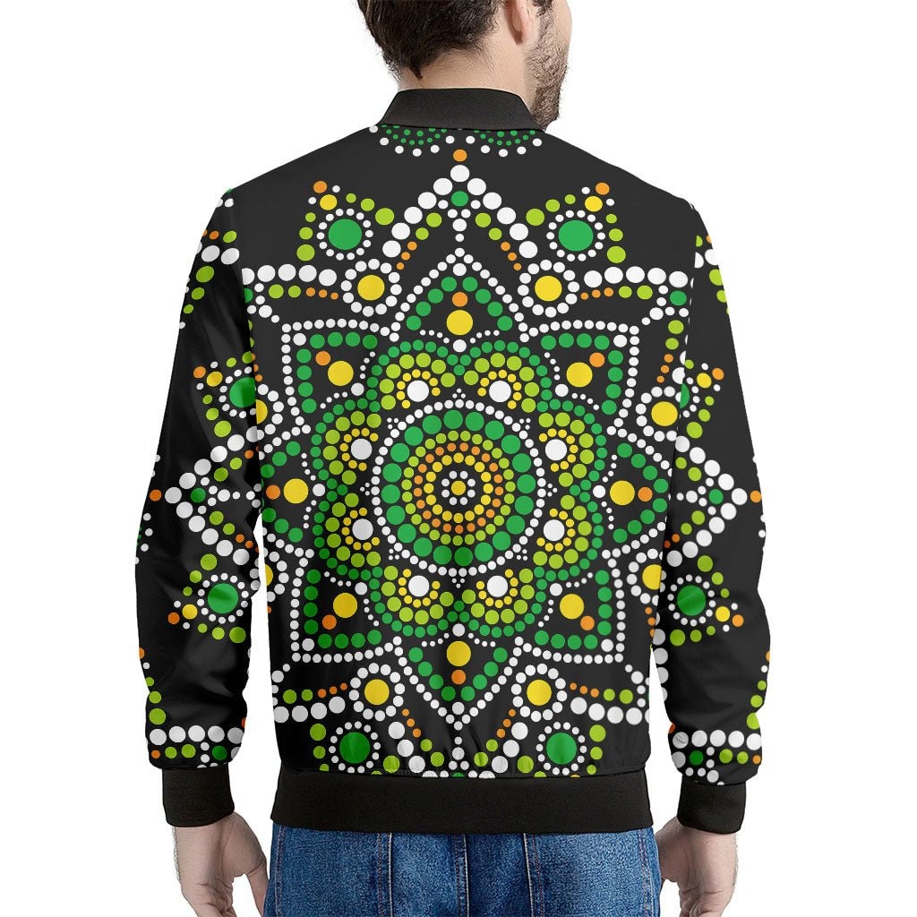 Green White Dot Mandala Print Men's Bomber Jacket