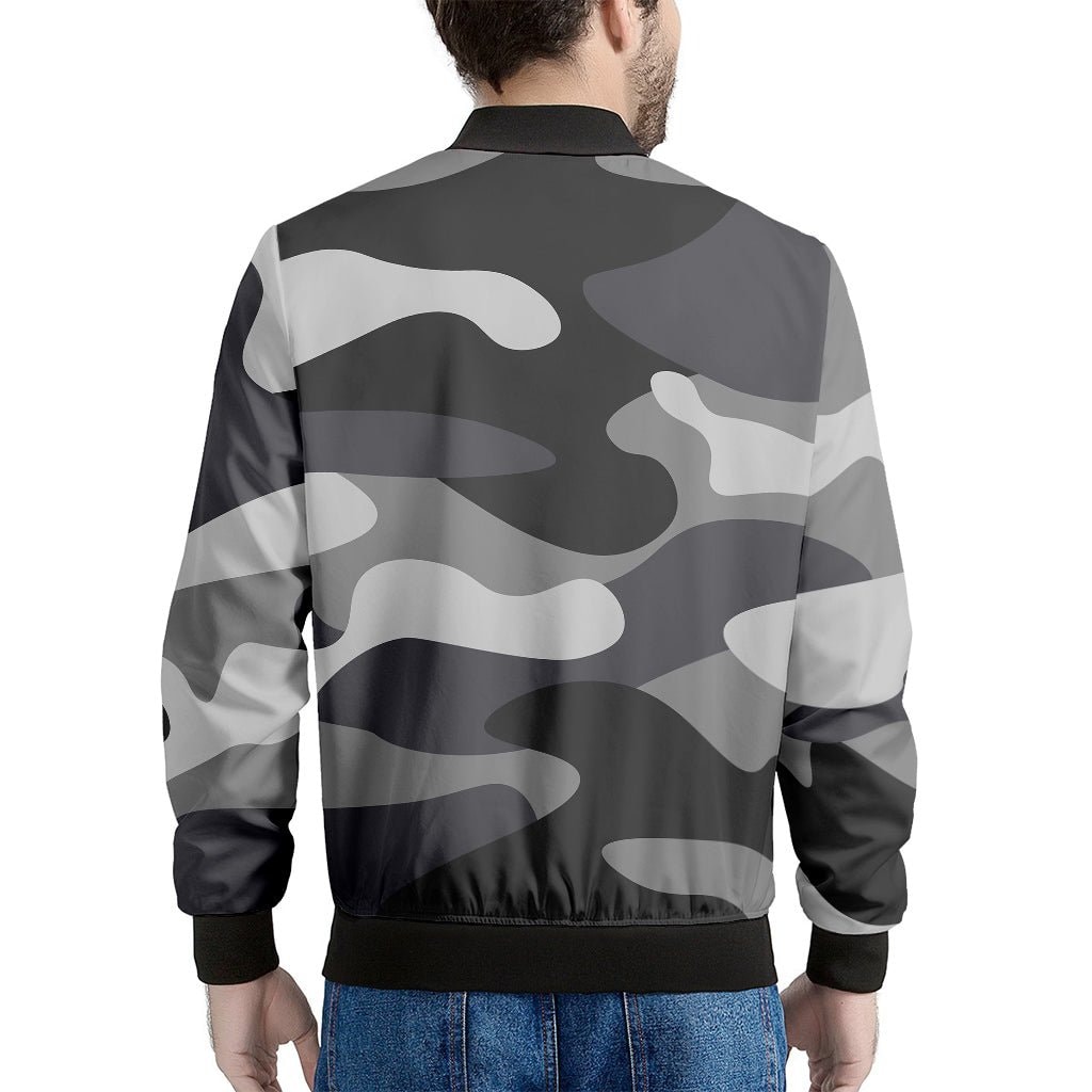 Grey And White Camouflage Print Men's Bomber Jacket